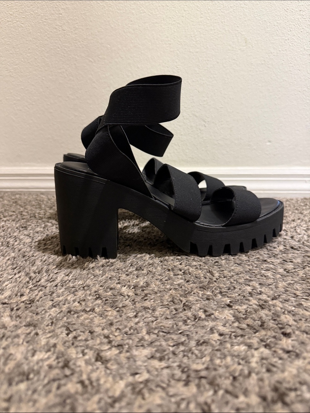 Madden Girl Black Strappy Lug Sole Block Heels